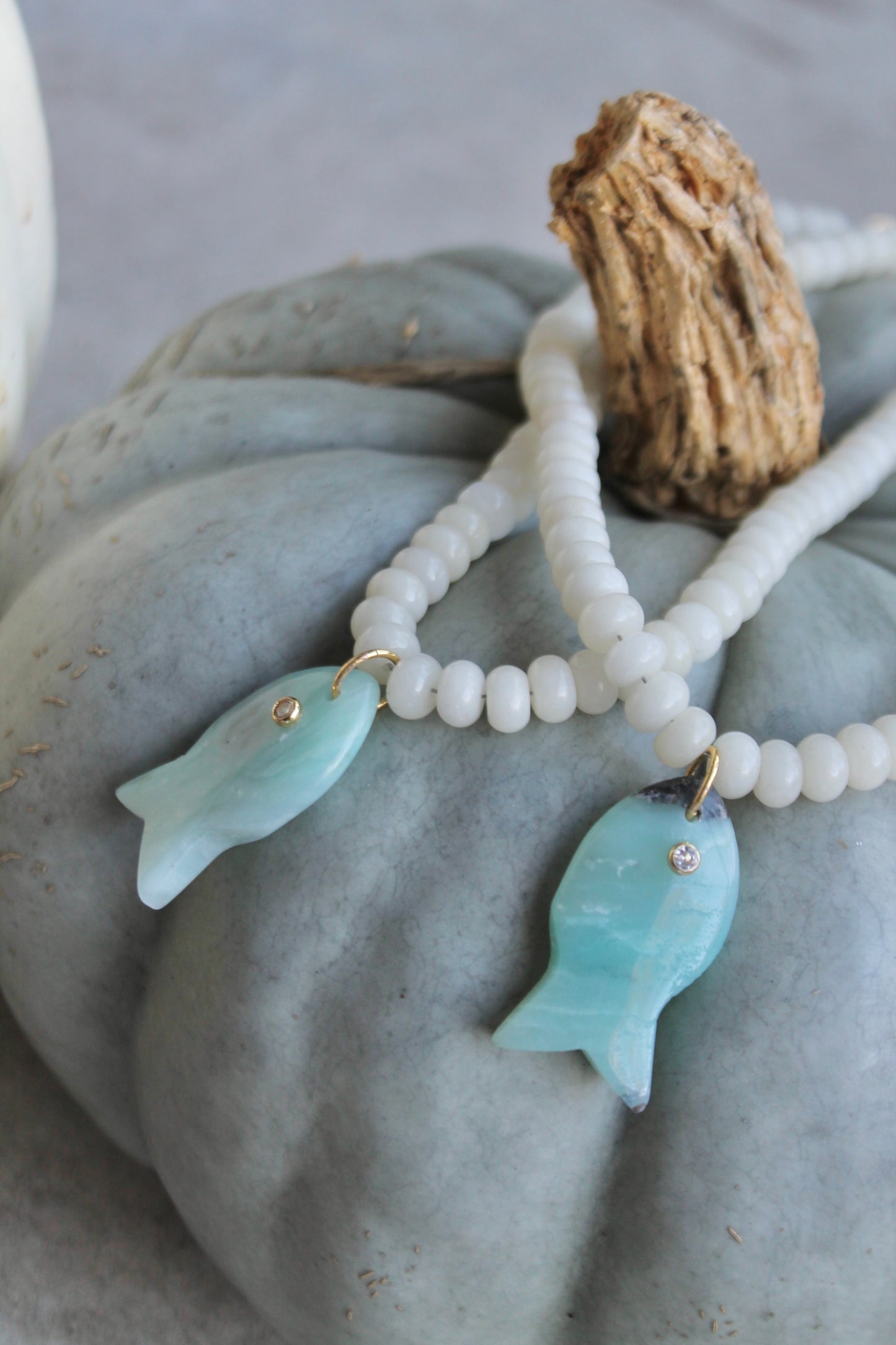 Cream Beaded Gemstone Fish Necklace