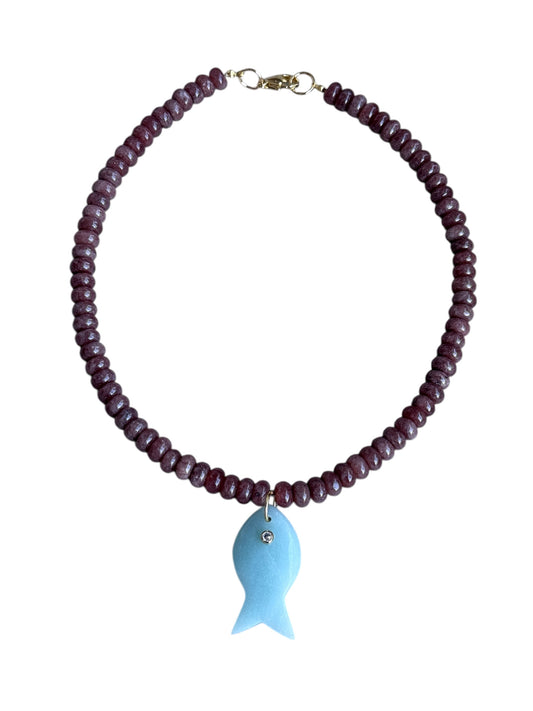 Brown Beaded Gemstone Fish Necklace
